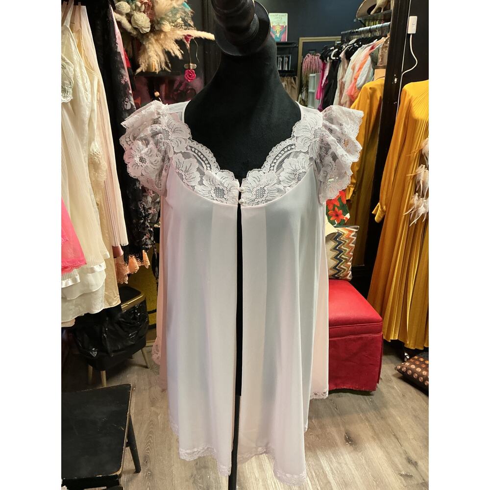 VINTAGE SHADOWLINE PINK WITH GREEN FLORAL SMALL BEDJACKET/ROBE